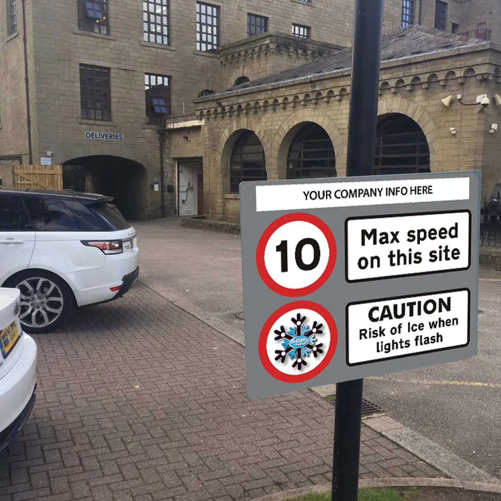 10 MPH Ice Warning Flashing LED Safety Sign (Grey HS3)  - add your logo