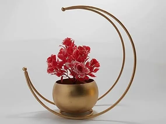 AMAZING ANTIQUE Metal Geometric Design Flower Vase with Gold Finish | Table Decorative Round Shape Flower Pot Moon Flower Vase | Size: 22X22 CM | Pack of 1 | Flower Not Included
