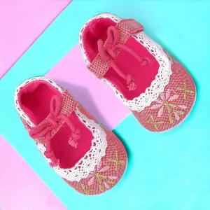 Baby Moo Fancy Floral Embroidered Velcro Straps Anti-Skid Booties - Peach