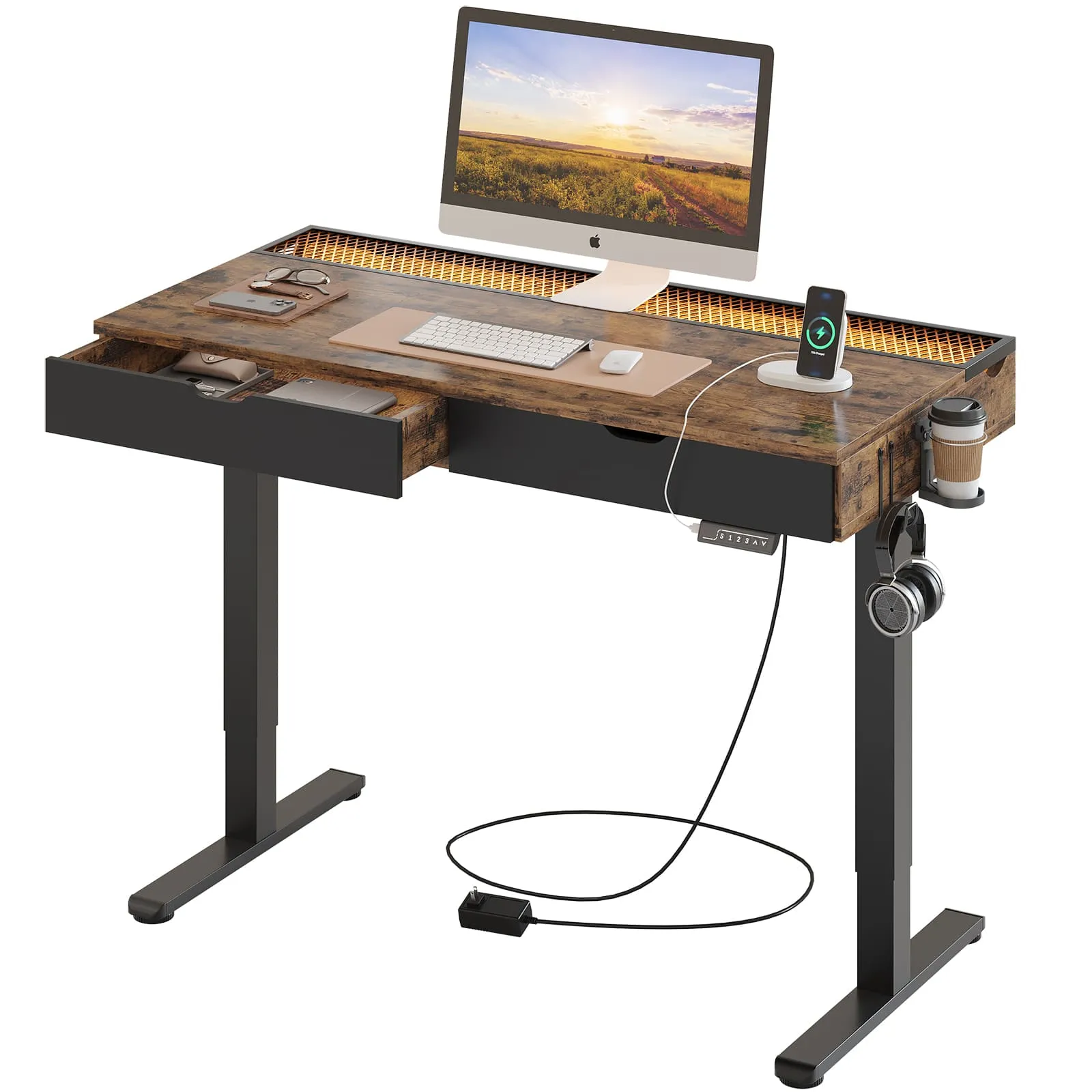 Bestier 47 Inch LED Electric Standing Desk with Drawers