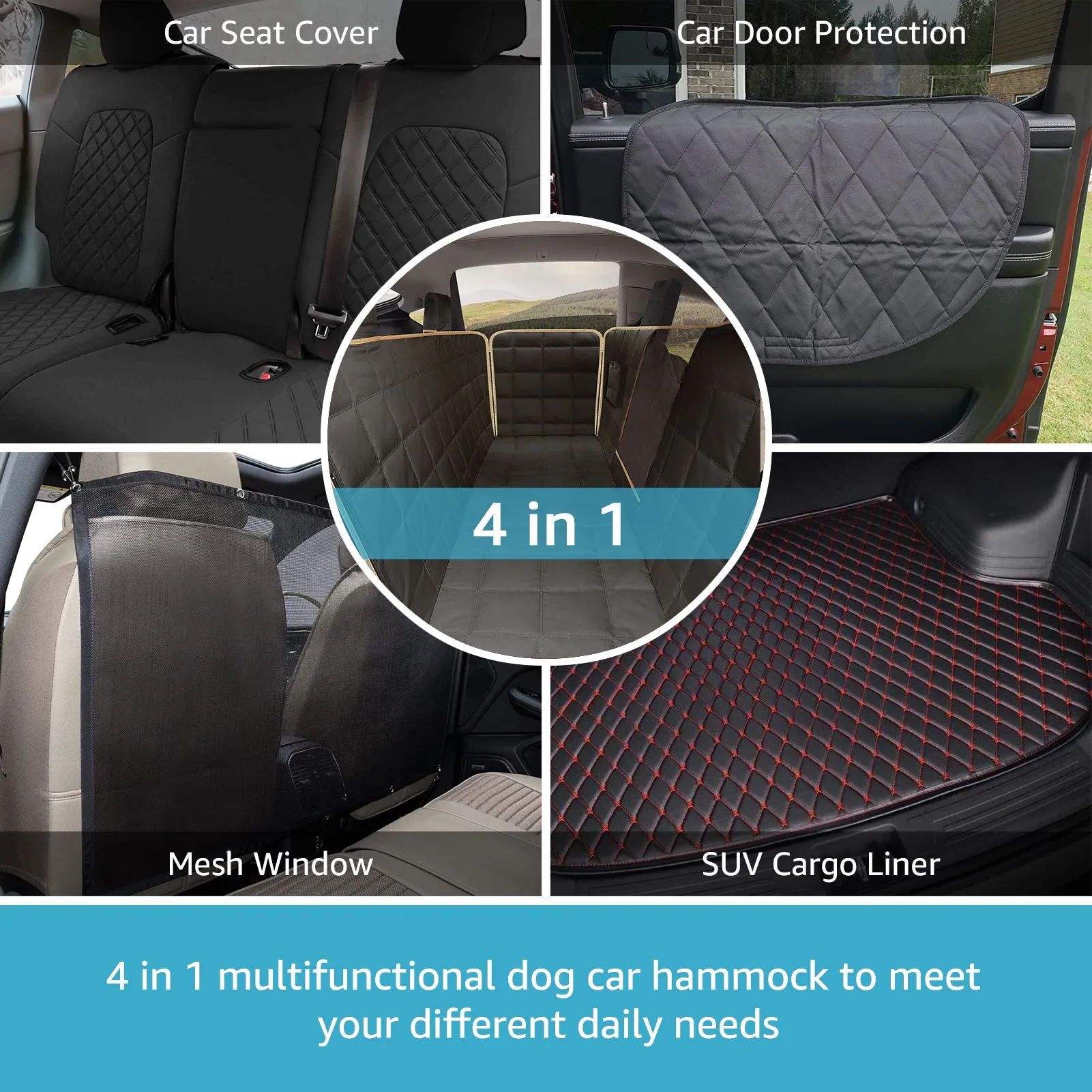 Lassie Dog Hammock for Car, Compatible with 2020-2023 Tesla Model Y Dog Seat Covers /2018-2023 Model 3,Dog Car Seat Cover for Back Seat with 4 Headrests, 100% Waterproof Pet Seat Protector for Dogs