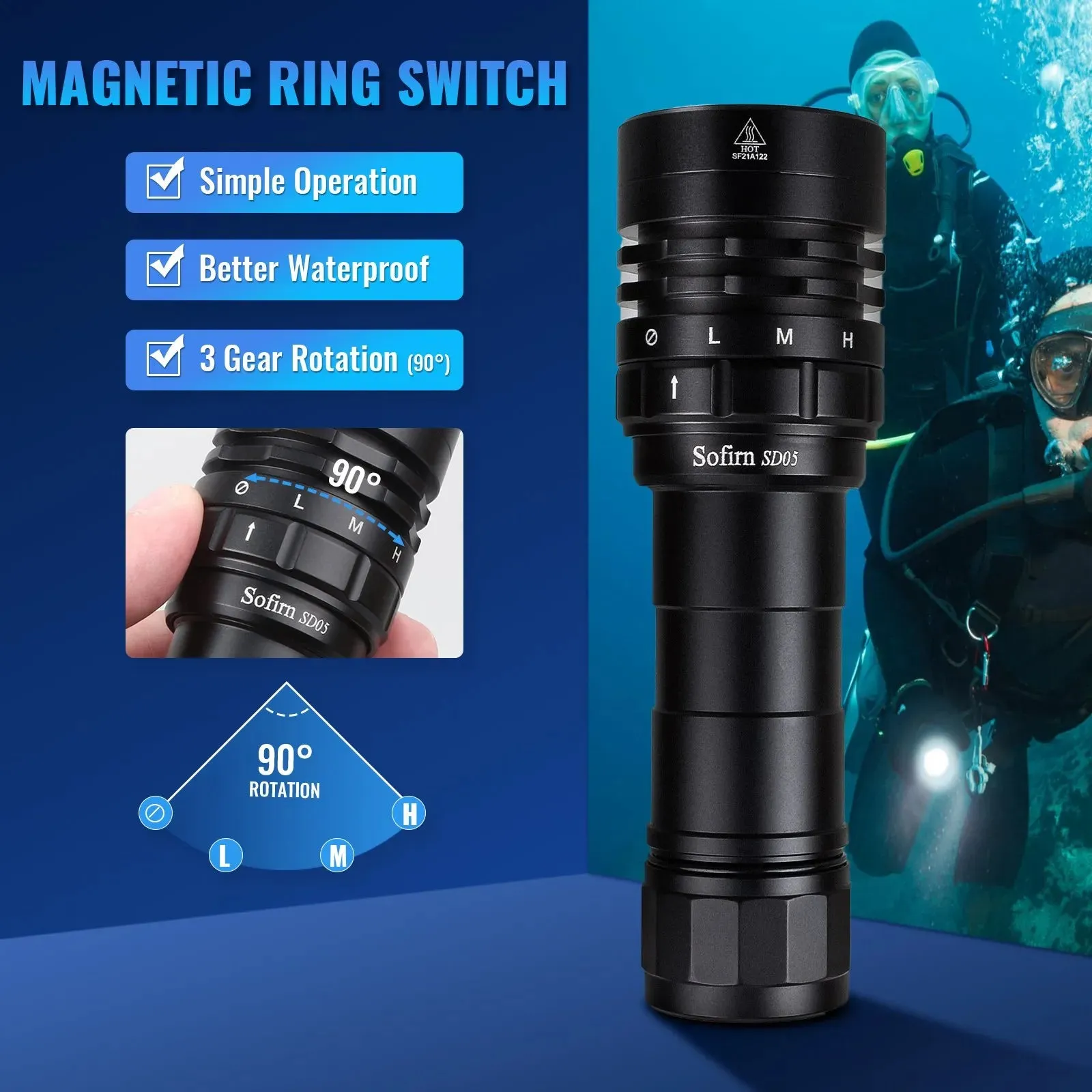 Sofirn SD05 Scuba Diving Light Cree XHP50.2 Super Bright 3000lm 21700 Dive Flashlight with Magnetic Switch 5000K 6500K