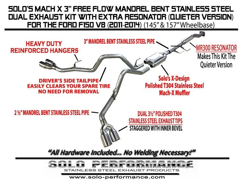 Solo Performance Exhaust Ford F150 5.0L V8 (11-14) Mach X Dual Catback w/ Extra Resonator - 145″ or 157″ Wheel Base