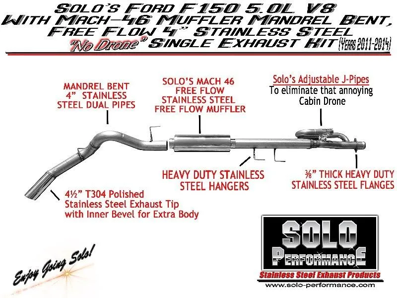 Solo Performance Exhaust Ford F150 V6 EcoBoost (11-14) Mach 46 Single 4" Catback - 145″ or 157″ Wheel Base