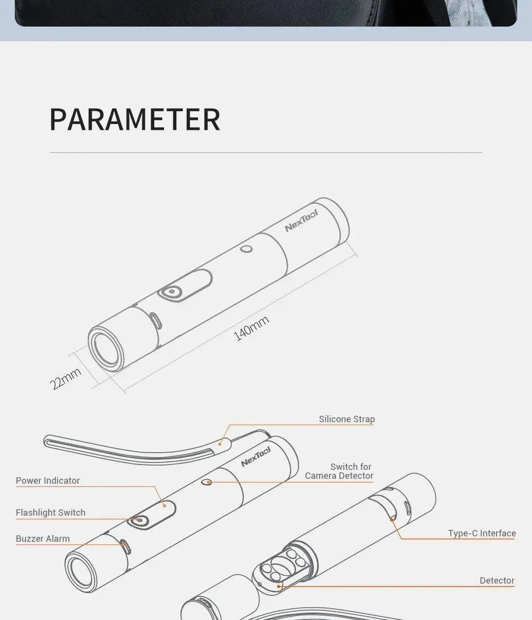 Xiaomi NexTool Strong Light Flashlight Multifunctional Torch Light with Warning Alarm Camera Detector Portable Safety Flashlight